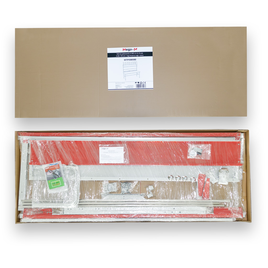 Stół do pakowania Mega-M S-200 cm x G-80 cm x H-85-100 cm / regulowane nogi / szary N - obrazek 15