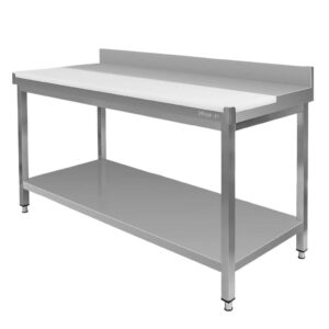 Stół ze stali nierdzewnej przyścienny z płytą polietylenową i półką Mega-M S-150 cm G-60 cm H-85 cm N