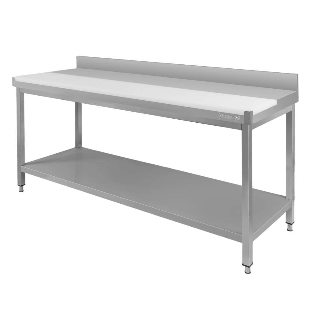 Stół ze stali nierdzewnej przyścienny z płytą polietylenową i półką Mega-M S-180 cm G-60 cm H-85 cm N