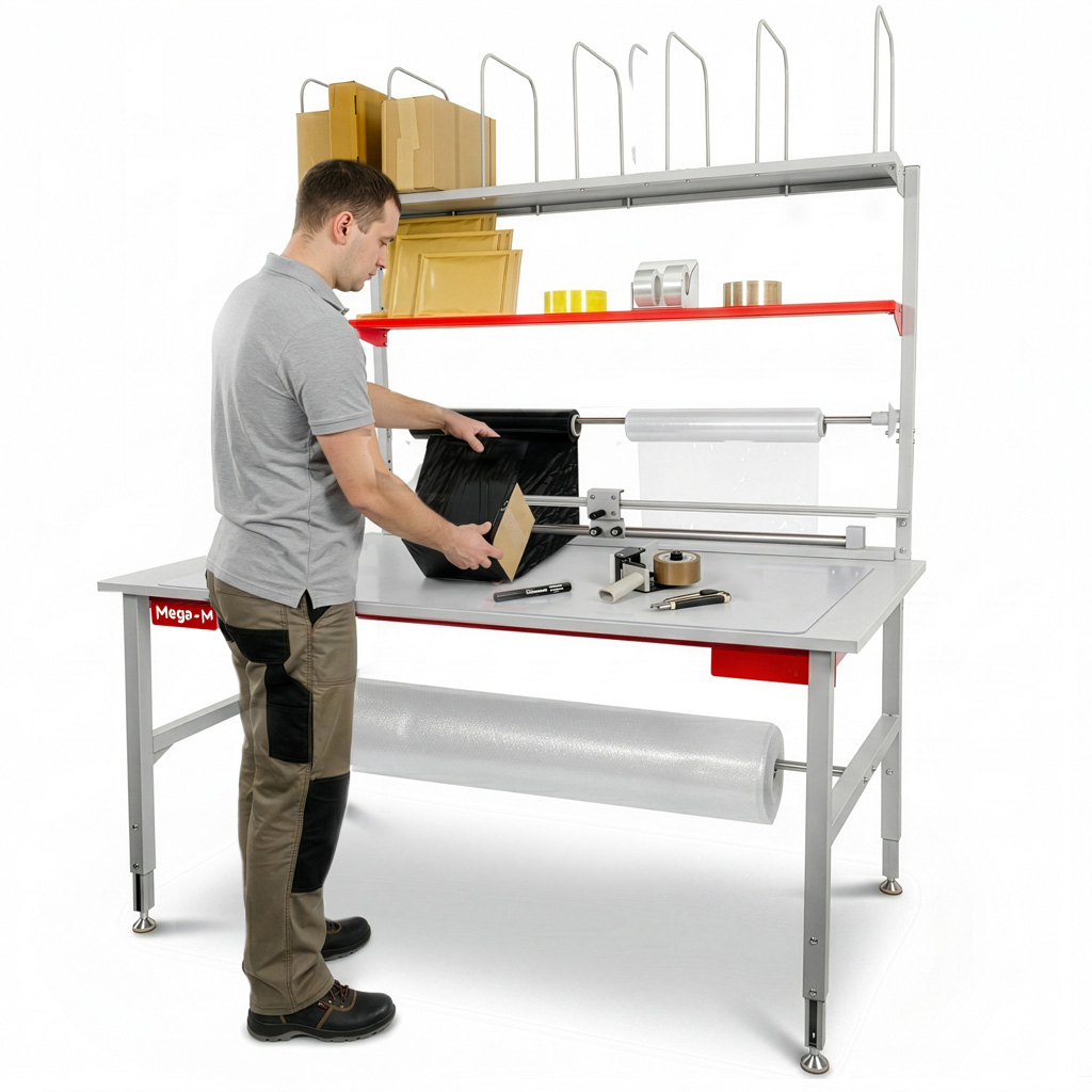 Stół do pakowania Mega-M S-200 cm x G-80 cm x H-85-100 cm / regulowane nogi / szary N - obrazek 4
