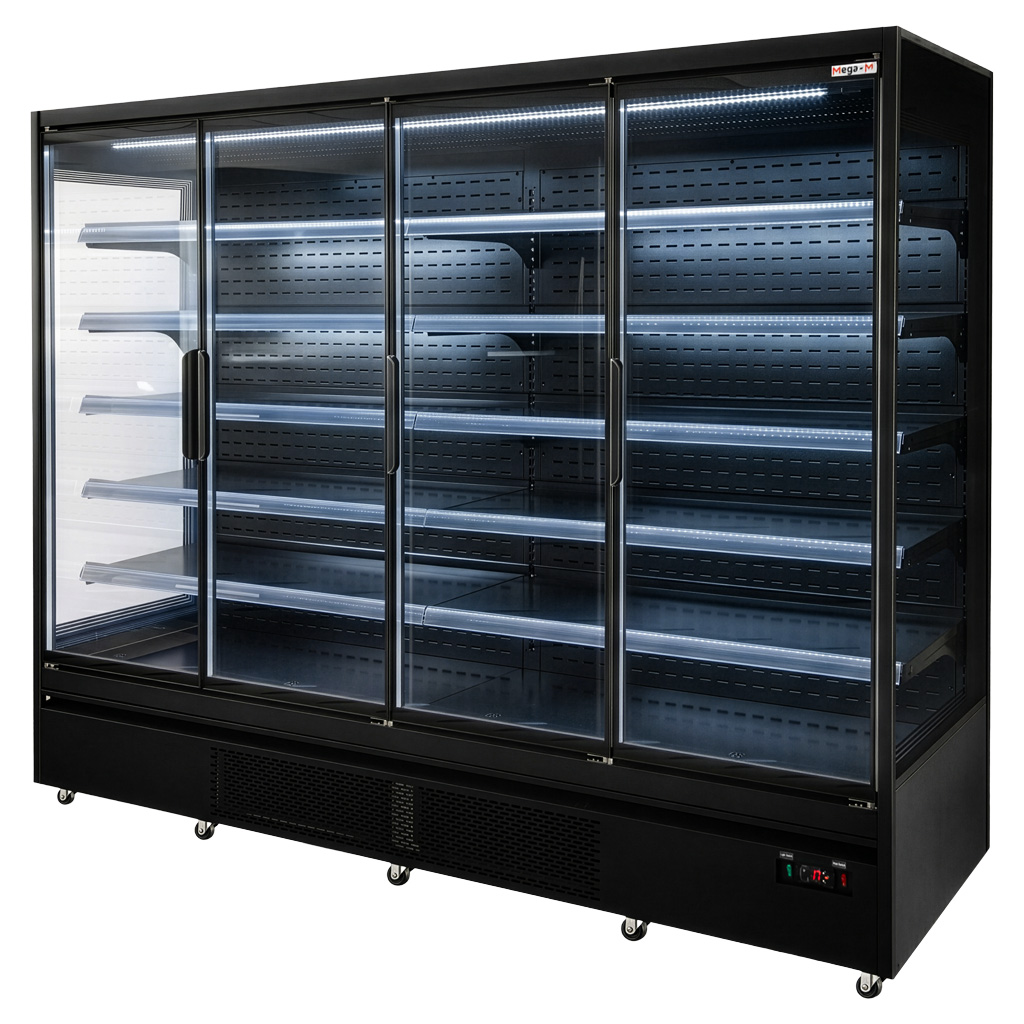 Regał chłodniczy Mega-M HUGO PLUS RU L-250 cm G-72cm H-205 cm black drzwi transparentne