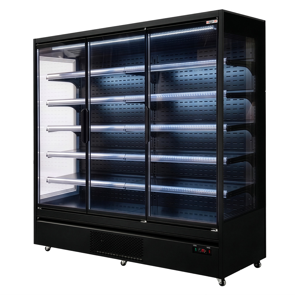 Regał chłodniczy Mega-M HUGO PLUS RU L-195 cm G-72cm H-205 cm black drzwi transparentne