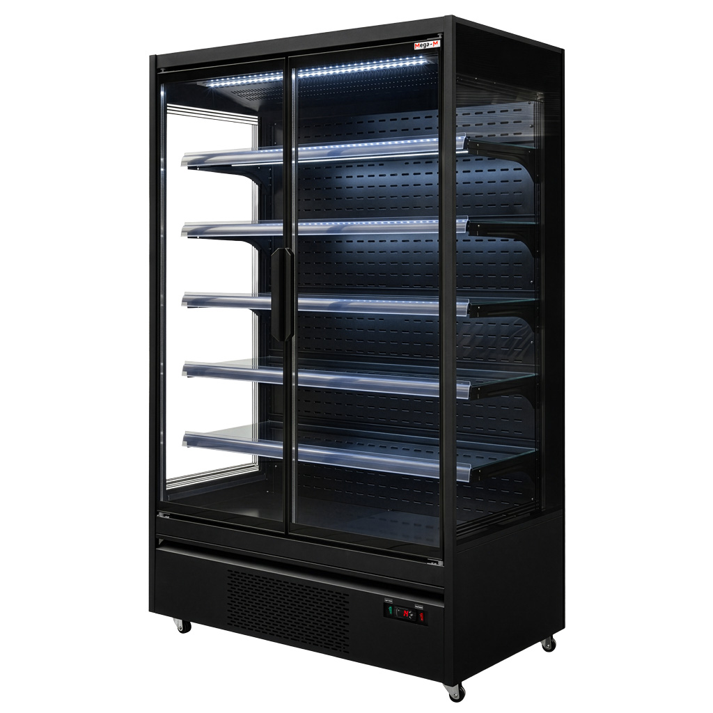 Regał chłodniczy Mega-M HUGO PLUS RU L-125 cm G-72 cm H-205 cm black drzwi transparentne