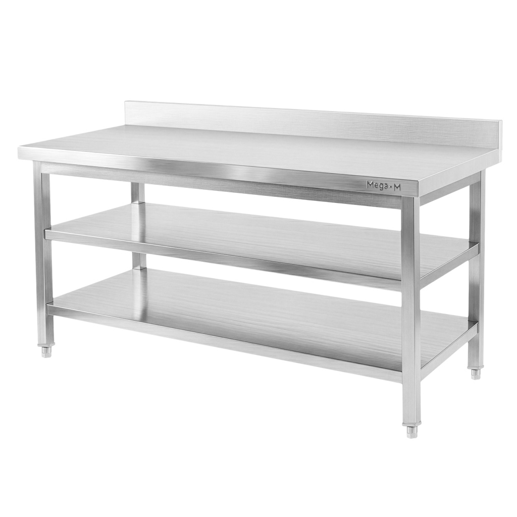 Stół ze stali nierdzewnej przyścienny z 2-ma półkami Mega-M X STANDARD S-200cm G-70 cm H-85 cm N